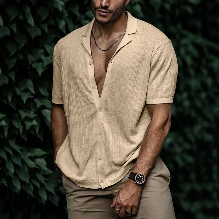 Stijlvol heren camp collar overhemd met korte mouwen, perfect voor een relaxte zomerlook.