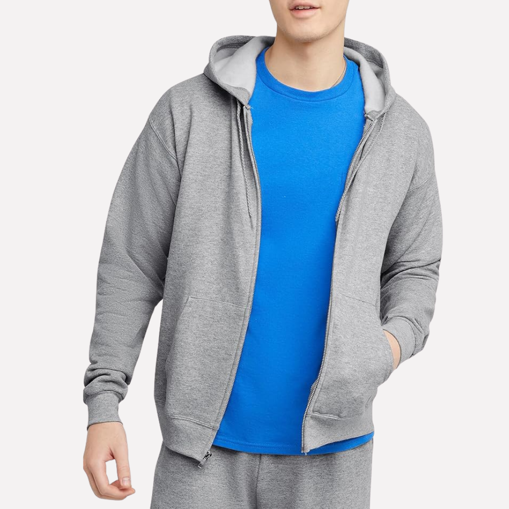 Comfortabele heren hoodie met volledige rits en capuchon. Zachte stof, perfect voor ontspannen dagen.