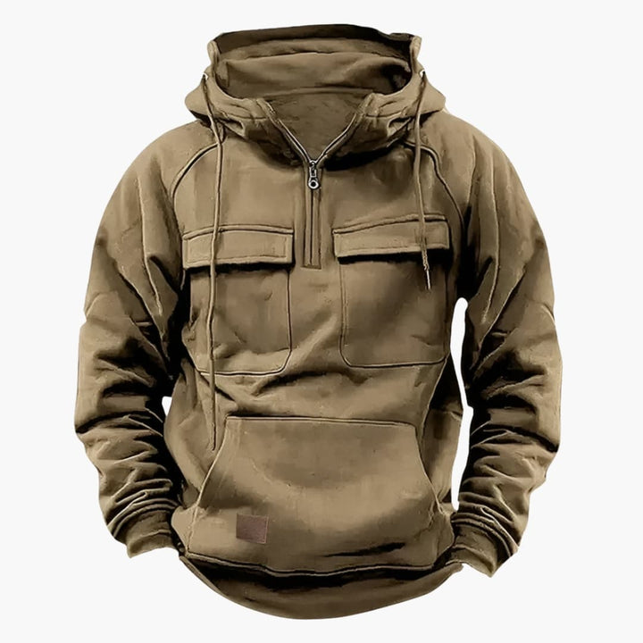 Heren comfortabele half-zip hoodie met capuchon en praktische borstzakken voor dagelijks comfort.