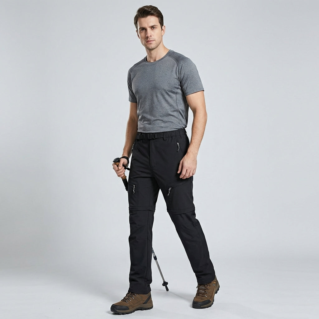 Heren comfortabele outdoor afritsbroek in khaki, ideaal voor wandelen, reizen en zomerse avonturen.