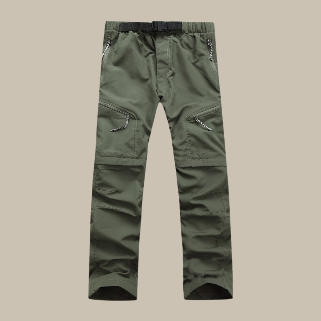 Duurzame heren afritsbroek voor outdoor, in khaki. Geschikt als wandelbroek of veelzijdige zomerbroek.