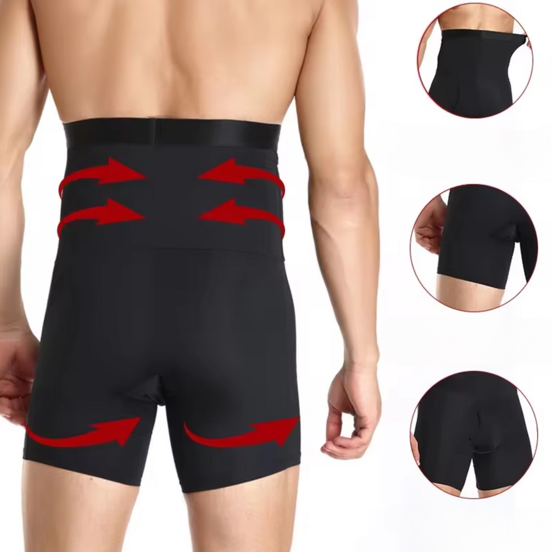 Heren compressiebroek van dichtbij, onthult de compressiezones en hoogwaardige afwerking.