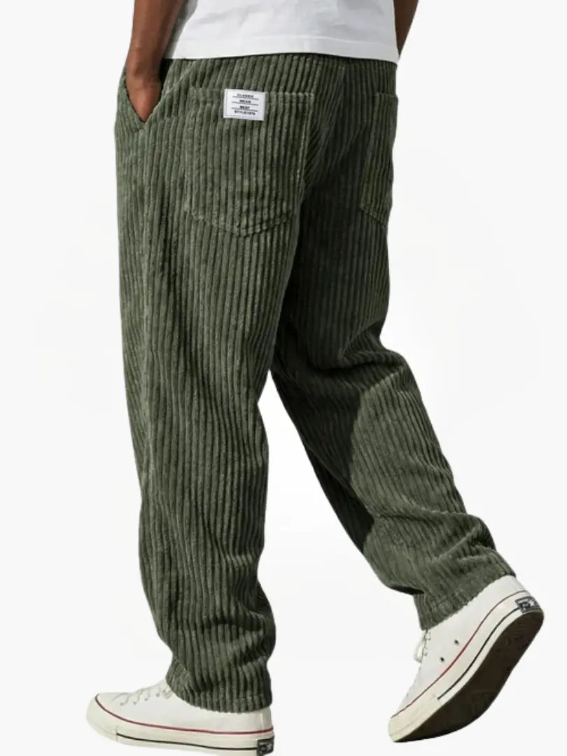 Detail: Heren corduroy broek met elastische tailleband, losse fit en fijne ribstof, grijs.