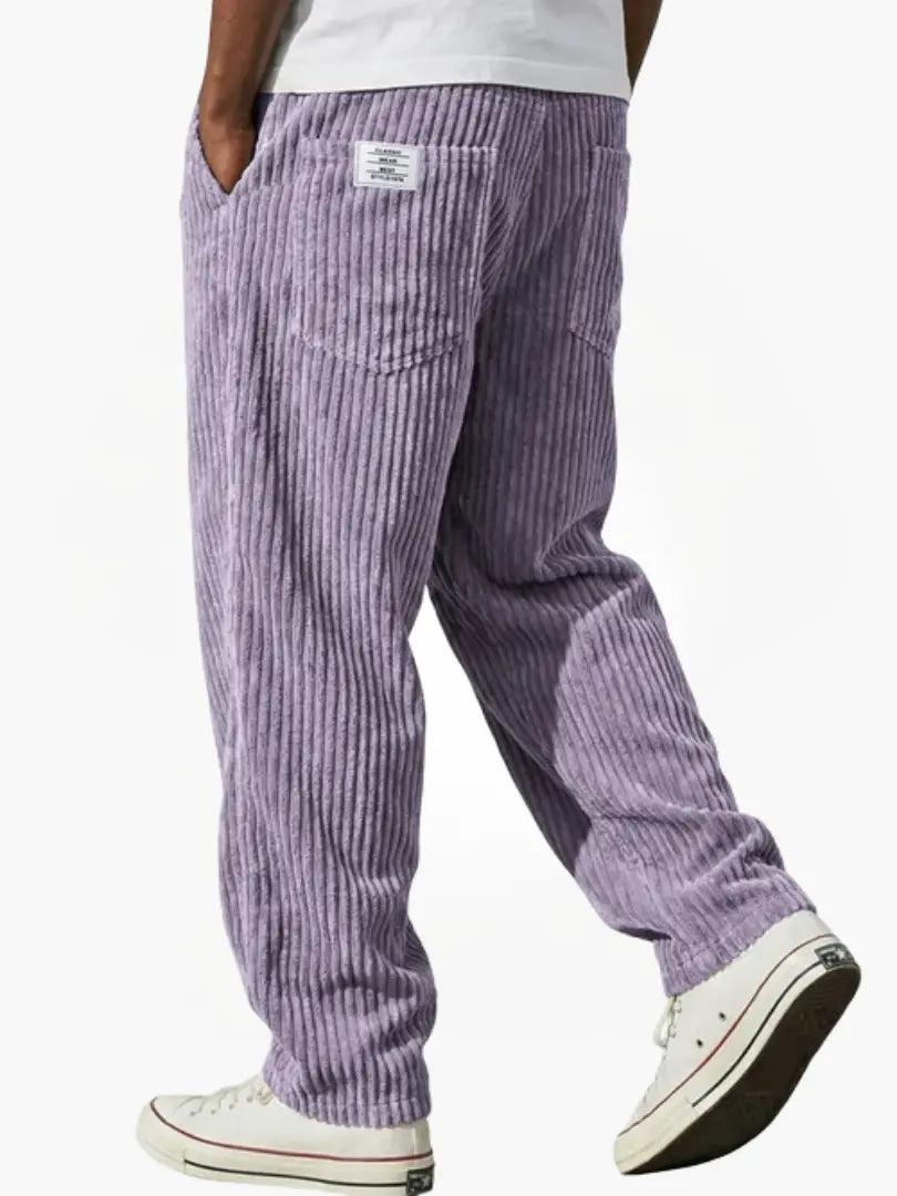 Herenbroek met losse pasvorm, corduroy stof en elastische tailleband in kaki, comfortabele casual kleding.