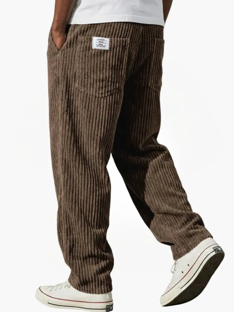 Vooraanzicht: Heren corduroy broek, elastische taille, loose fit, met trekkoord, in een casual blauwe tint.