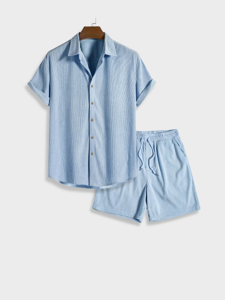 Complete heren zomerset Sven: corduroy overhemd korte mouwen en bijpassende broek voor zomerkleding.