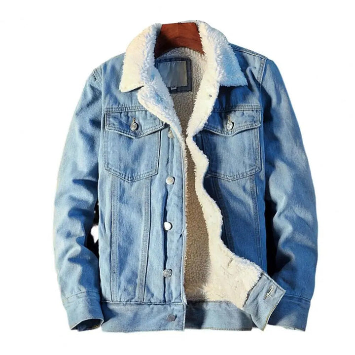Casual herenjack Tobias, lichtblauw denim met knoopsluiting en warme zwarte fleecevoering.