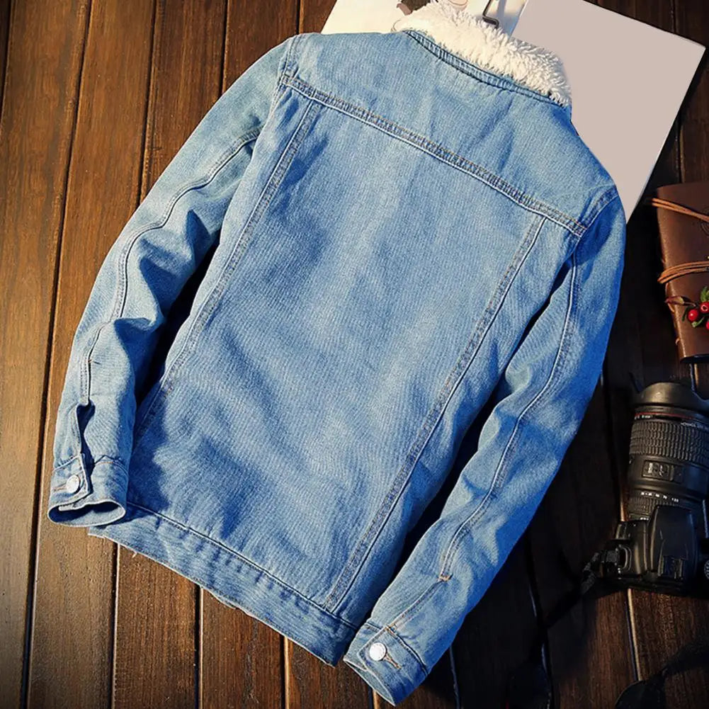 Warm herfst/winterjack Tobias voor heren, stijlvol lichtblauw denim met comfortabele fleecevoering.