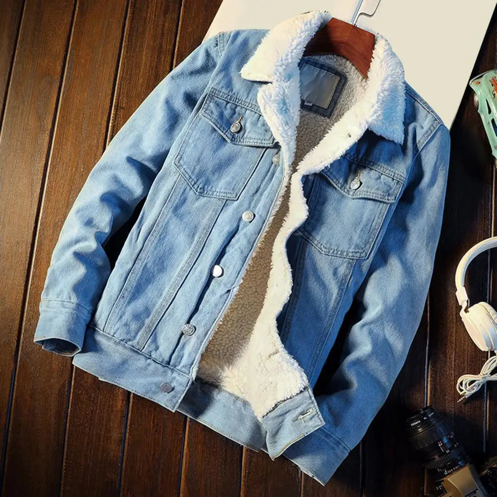 Heren denimjas Tobias, warm winterjack met fleecevoering. Lichtblauw, stijlvol en comfortabel.
