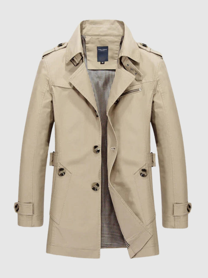 Heren double-breasted trenchcoat, klassiek elegant. Ideale bovenkleding voor stijlvolle zakelijke en casual looks.