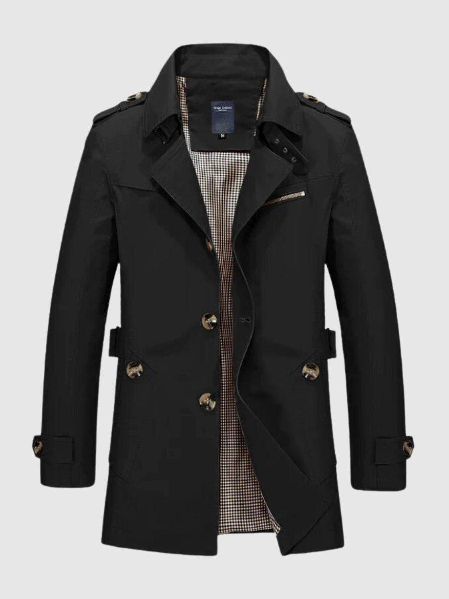 Klassieke heren trenchcoat. Double-breasted design voor een elegante uitstraling, perfect voor elke man.