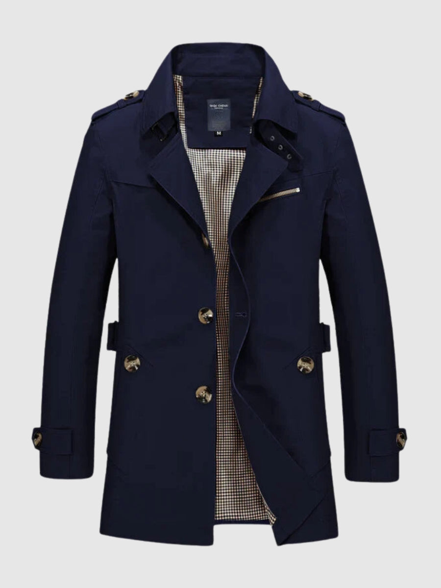 Elegante heren jas, type double-breasted trenchcoat. Tijdloze bovenkleding voor een modieuze look.