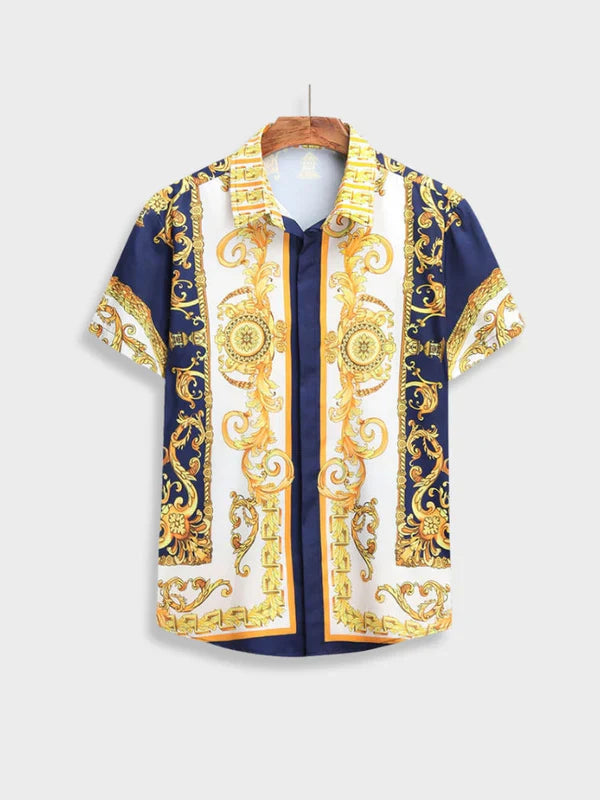 Luxe Italiaanse barokprint heren zomer set; korte mouw overhemd en broek. Elegant en stijlvol.