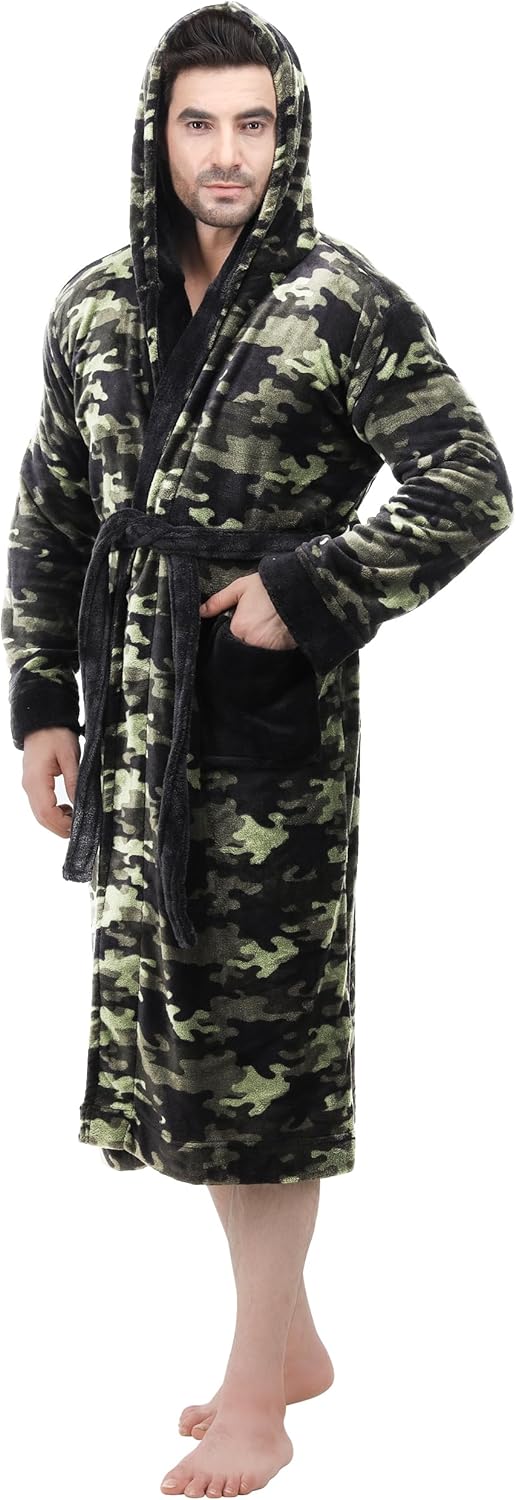 Zachte heren fleece badjas, met capuchon, warm polyester, perfect voor comfortabele avonden thuis.