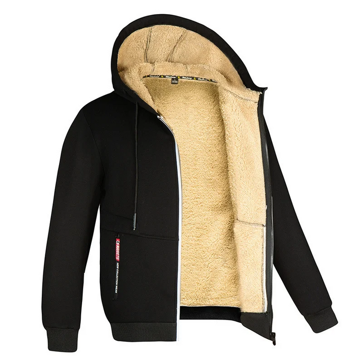 Achterkant van een warm en comfortabel herenfleecevest met zachte voering, geschikt voor de winter.