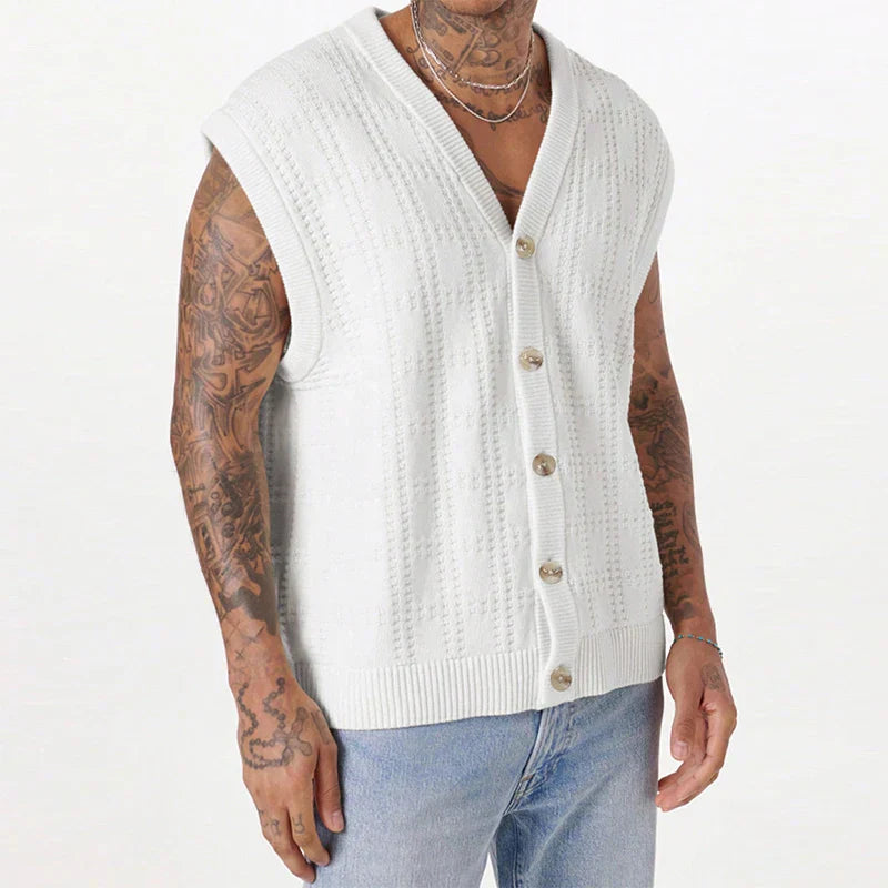 Heren gebreid wit Elias zomervest met V-hals en knopen; stijlvol mouwloos casual vest voor zomerkleding.