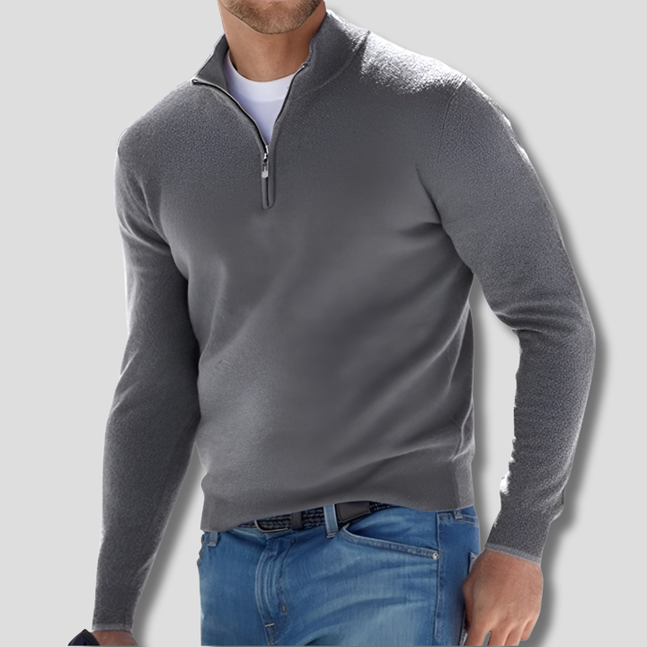 Zachte katoenen heren trui, gebreid met ritskraag, ideaal voor een casual look.