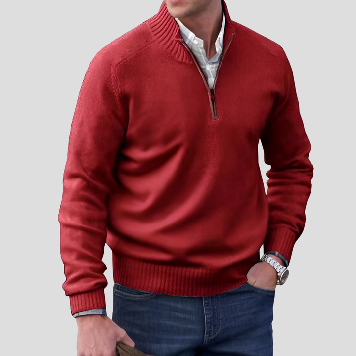 Donkerblauwe gebreide heren trui met ritskraag, casual en warm voor koelere dagen.