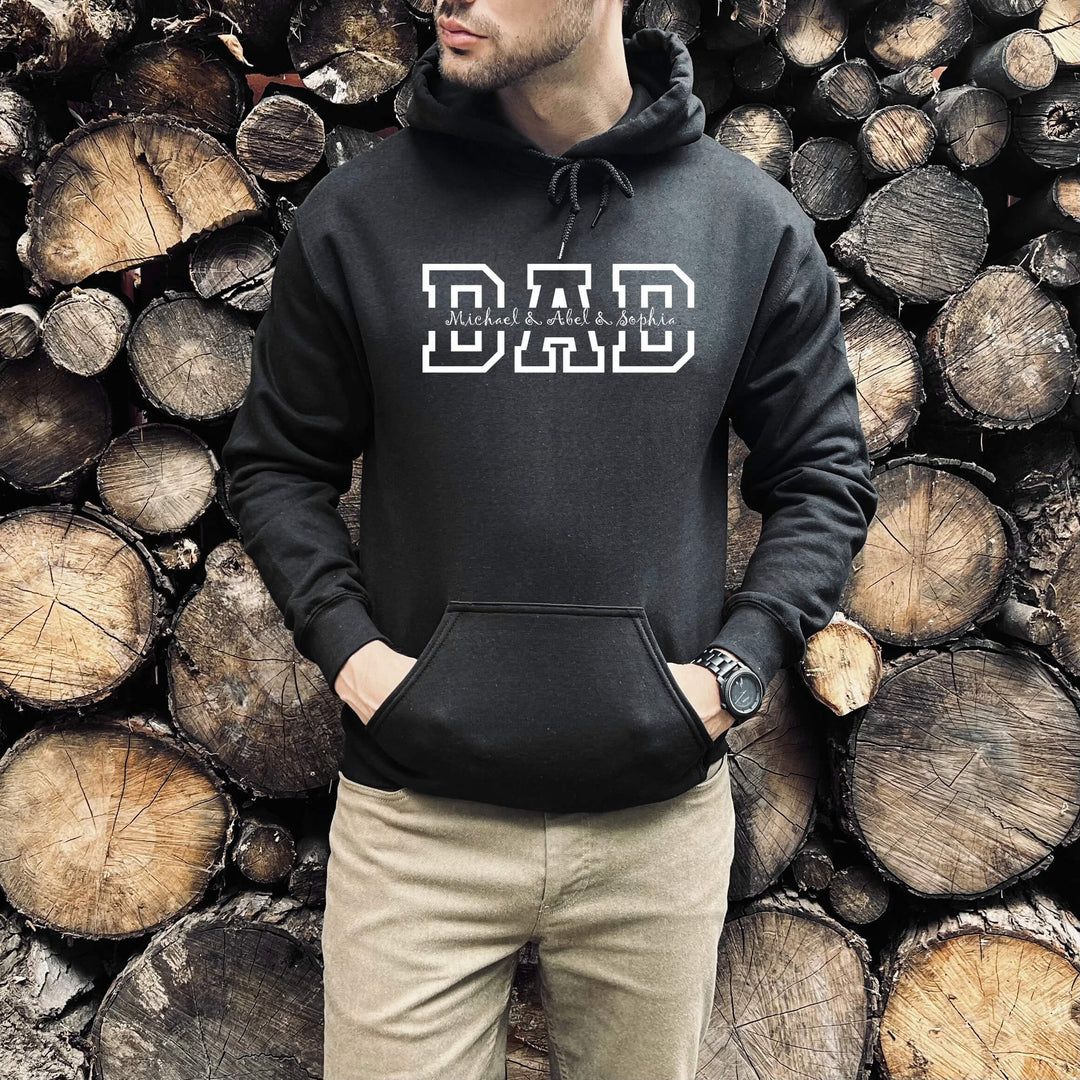 Detail van de stof van de gepersonaliseerde heren hoodie. Kwalitatief Vaderdag cadeau.