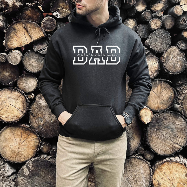 Detail van de stof van de gepersonaliseerde heren hoodie. Kwalitatief Vaderdag cadeau.