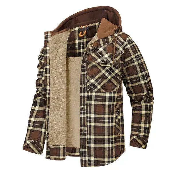 Stoer heren overshirt met ruitpatroon en capuchon. Geschikt voor buitenactiviteiten en casual outfits.