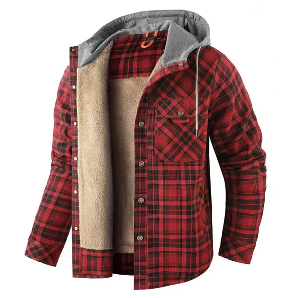 Geruit heren overshirt met capuchon, robuust en warm. Ideaal voor koud weer en buitenactiviteiten.