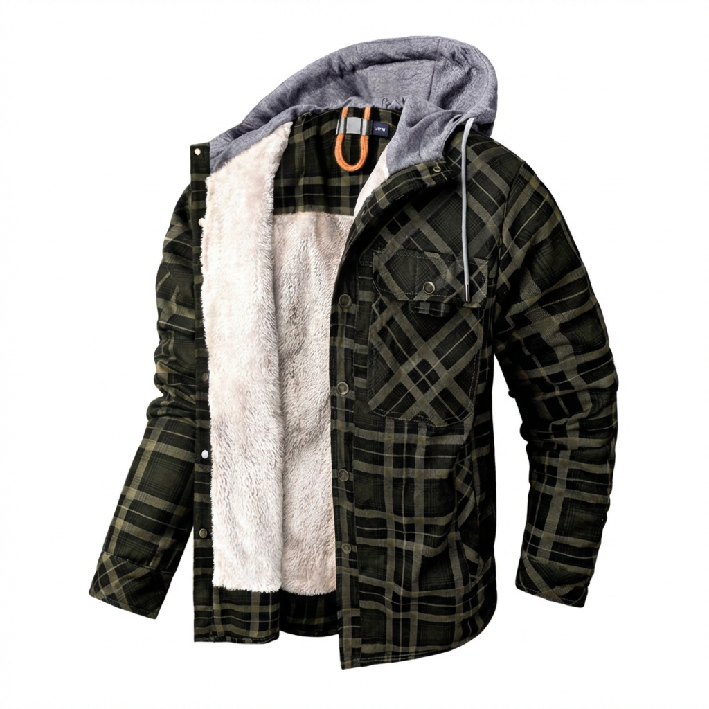 Detail van het geruite patroon en de capuchon van een heren overshirt. Perfect voor herfstmode.