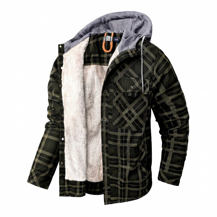 Detail van het geruite patroon en de capuchon van een heren overshirt. Perfect voor herfstmode.