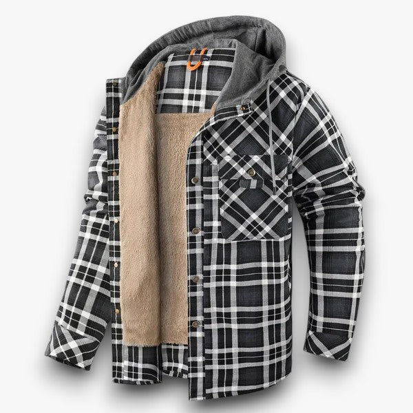 Veelzijdig geruit heren vest met capuchon, te dragen als overshirt of jas, stoer, comfortabel en modieus.