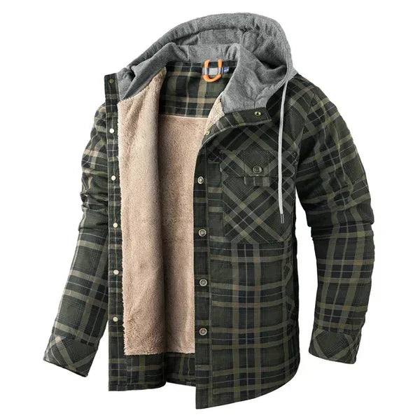 Achteraanzicht van een comfortabel geruit heren overhemdvest met capuchon, ideaal voor casual herenmode.