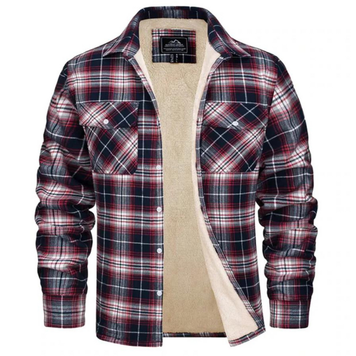 Oranje geruite winterjas voor heren, gevoerd met warm pluche. Comfortabele en stijlvolle bovenkleding.
