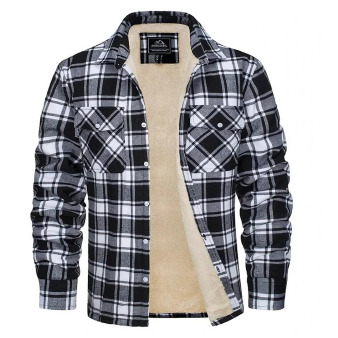Zwarte geruite herenjas met knoopsluiting en zachte pluche voering, comfortabel en warm in de winter.