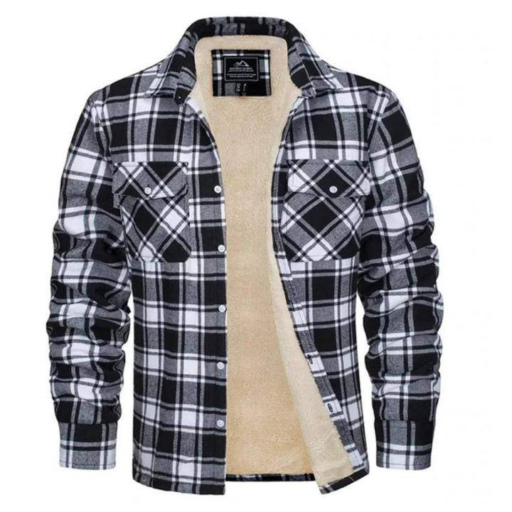 Zwarte geruite herenjas met knoopsluiting en zachte pluche voering, comfortabel en warm in de winter.