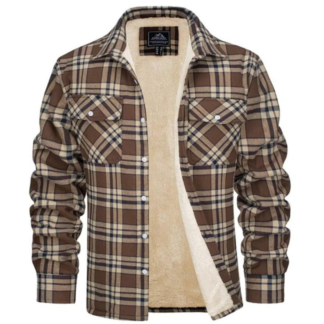 Warme heren winterjas, geruit patroon, met zachte pluche voering en knopen, voor de winter.