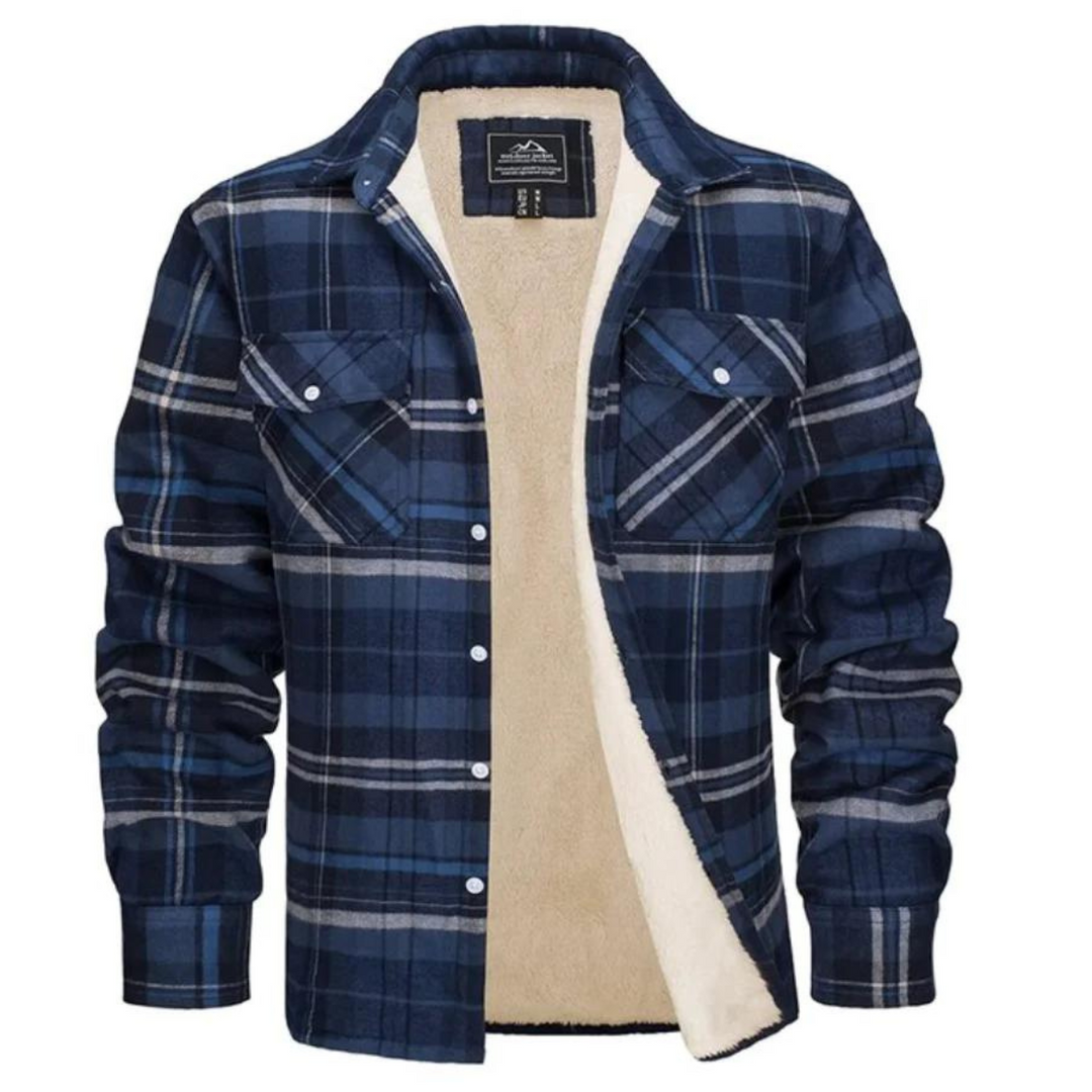 Heren geruite winterjas met warme pluche voering en knoopsluiting, stijlvol en outdoor geschikt.