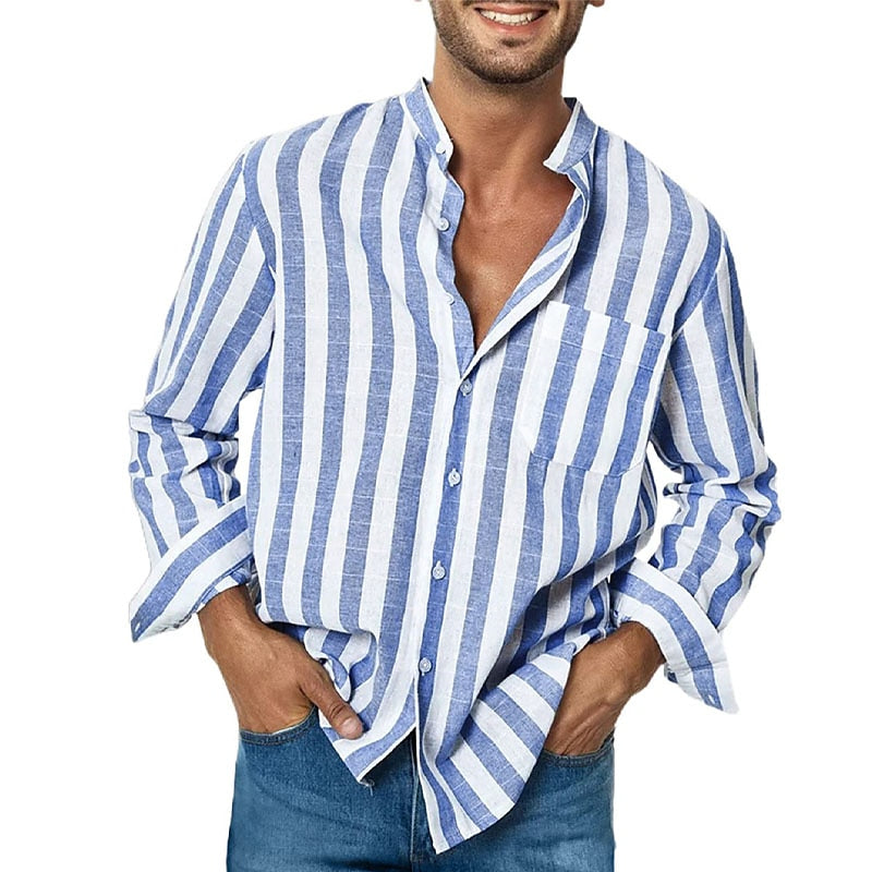 Heren gestreept casual shirt met lange mouwen in navy, comfortabel en modieus voor dagelijks gebruik.