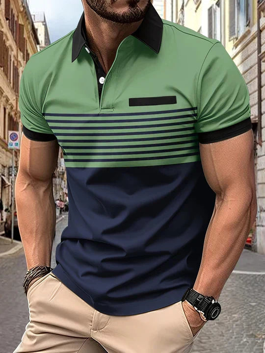 Stijlvol heren poloshirt met korte mouwen en gestreept patroon, ideaal voor zomerse casual outfits.