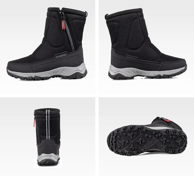 Achterkant van stijlvolle heren snowboots, halfhoog met een robuuste, gripvaste zool. Voetmode voor heren.