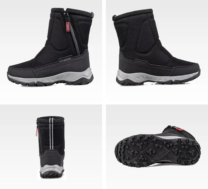 Achterkant van stijlvolle heren snowboots, halfhoog met een robuuste, gripvaste zool. Voetmode voor heren.