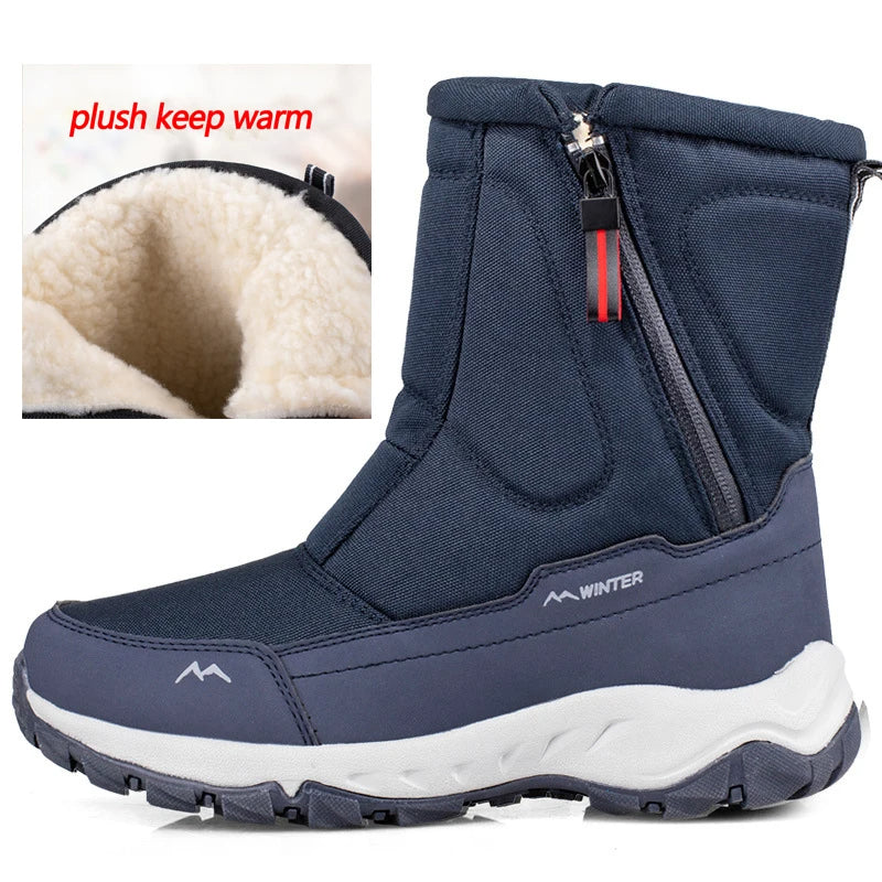 Stijlvolle zwarte heren snowboots, halfhoog en waterdicht. Geschikt voor koude winterdagen en voetmode.