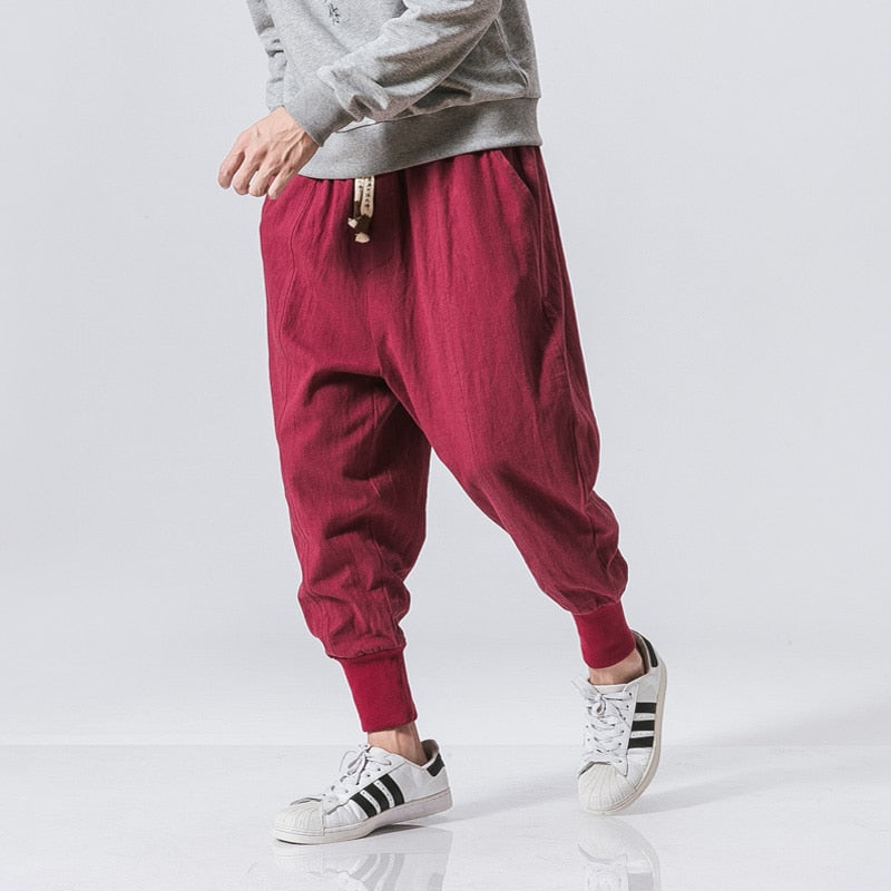 Volledige lengte weergave van de heren streetwear harem broek, zijzicht.