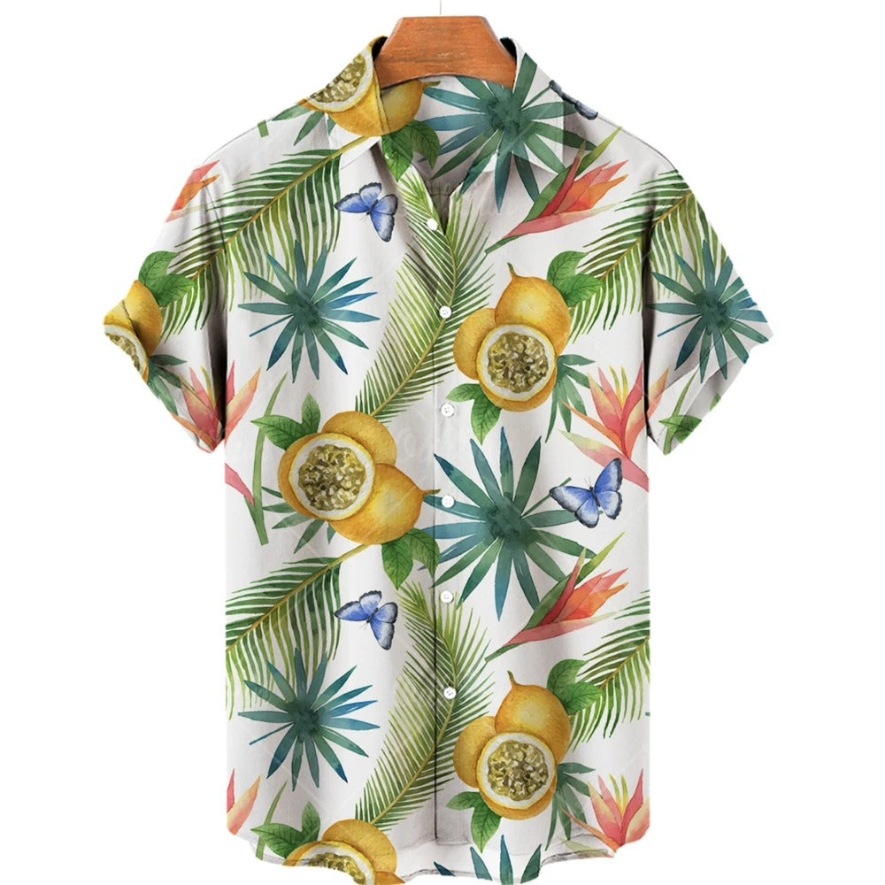 Hawaiiaans heren overhemd met levendige ananas print, korte mouwen, voor strand en zomerstijl.