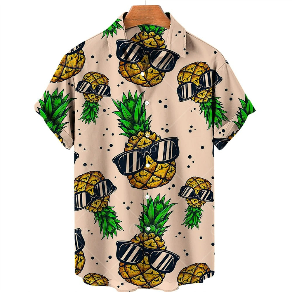 Tropisch heren overhemd met ananas motief en korte mouwen, perfect voor vakantie en casual dagen.