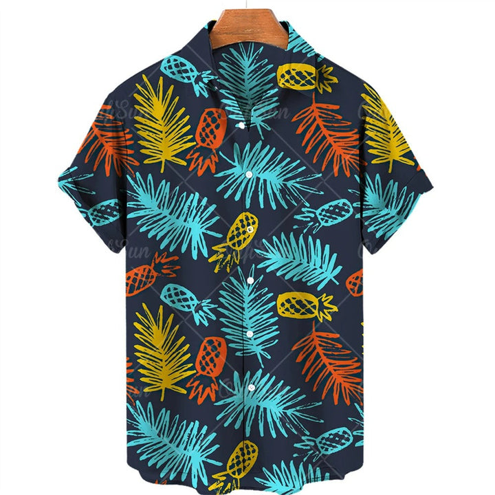 Stijlvol heren tropisch shirt met ananasprint, korte mouwen, comfortabele pasvorm voor de zomer.