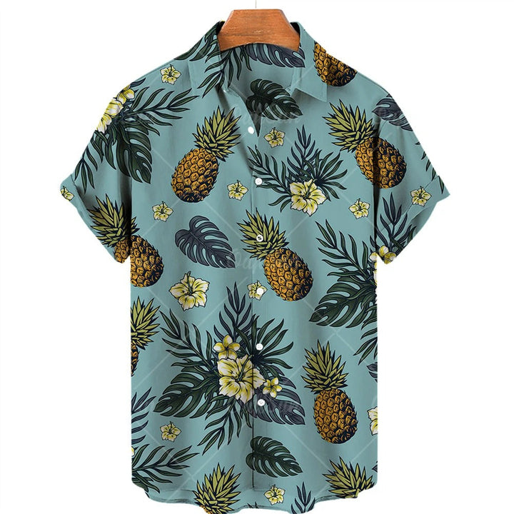 Modieus heren tropisch shirt met korte mouwen, levendige ananas print, helemaal vakantie klaar.