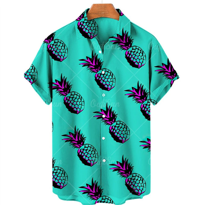 Zomers heren overhemd met ananas en tropische bladeren, korte mouwen, voor een casual look.