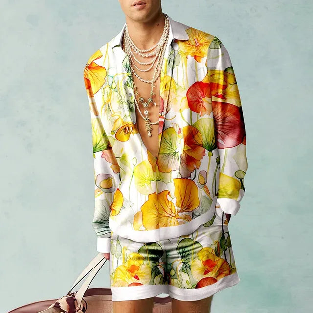 Stijlvolle Fabio heren Hawaii set: tweedelig met zomer shirt en shorts, tropische print voor heren mode.