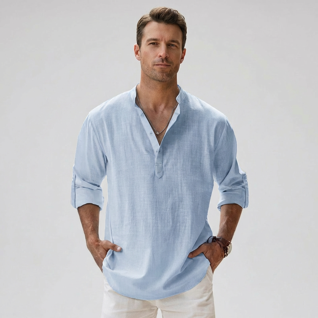 Lichtgewicht heren Henley overhemd met button-up, ademend voor optimaal zomercomfort.