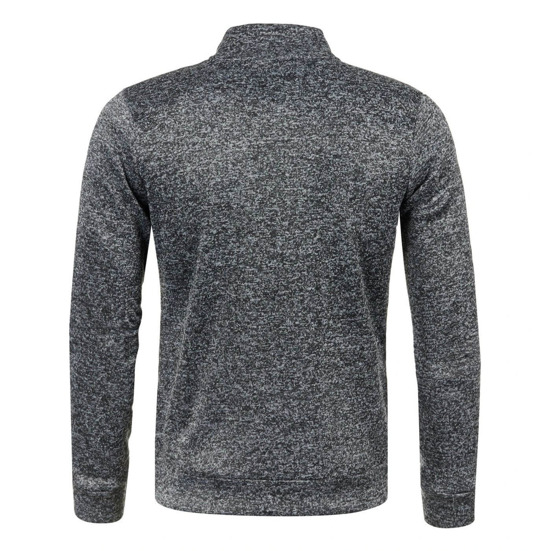 Donkergrijs heren jack met opstaande kraag; veelzijdig ritsjack voor lente en herfst bovenkleding.