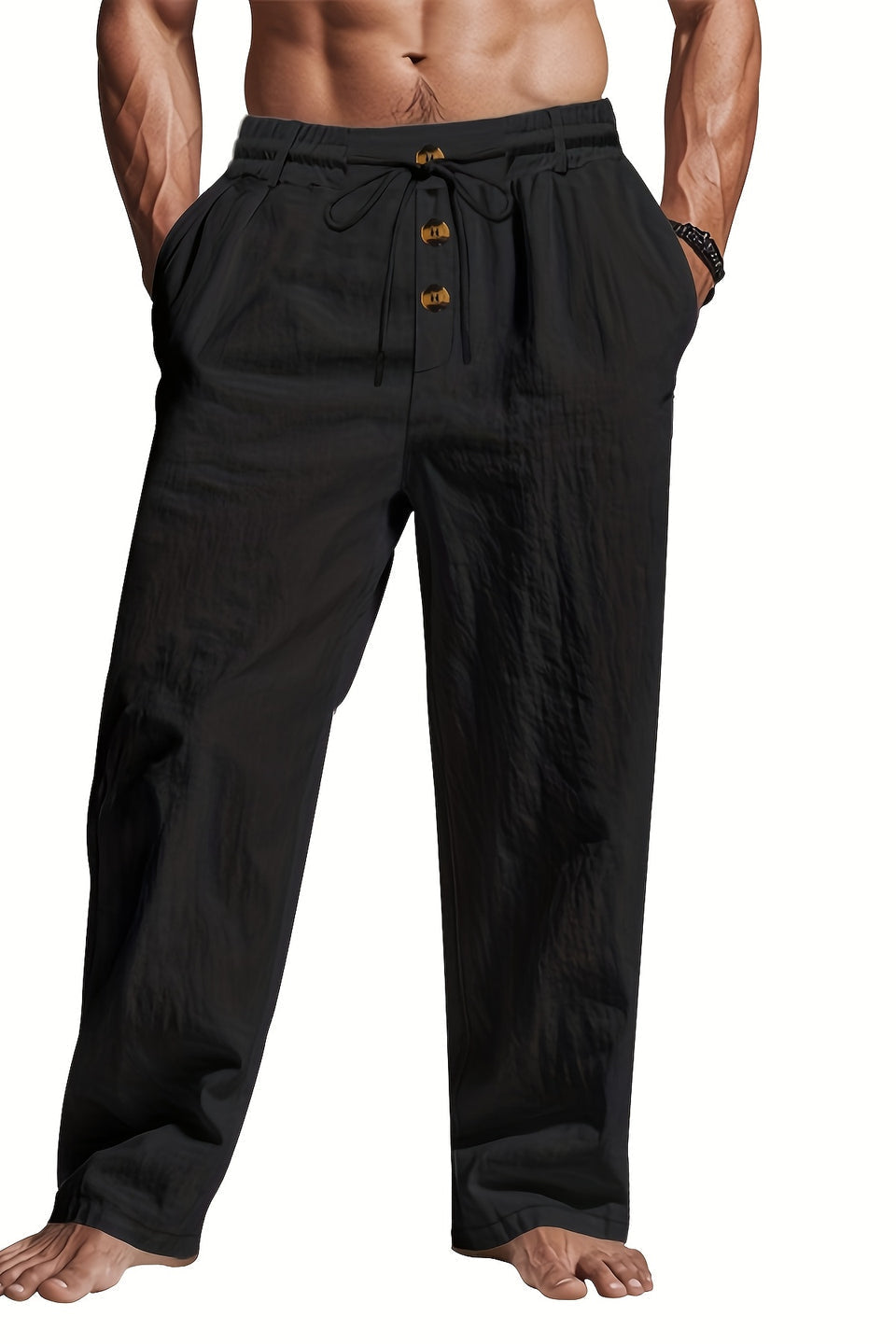 Stijlvolle heren broek met trekkoord en rechte pijpen. Veelzijdig voor zomerse outfits en ontspannen herenmode.